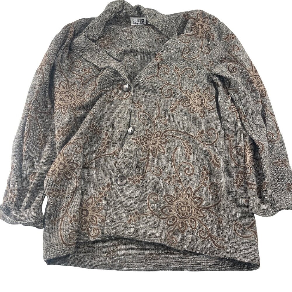 Chicos Design Vintage Womens Embroidered Silk Jacket Size 0 SMALL‎ Brown & Tan